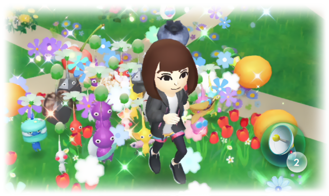 ピクミンと一緒に歩きながら花を植えているPikmin Bloomの公式ゲーム画面