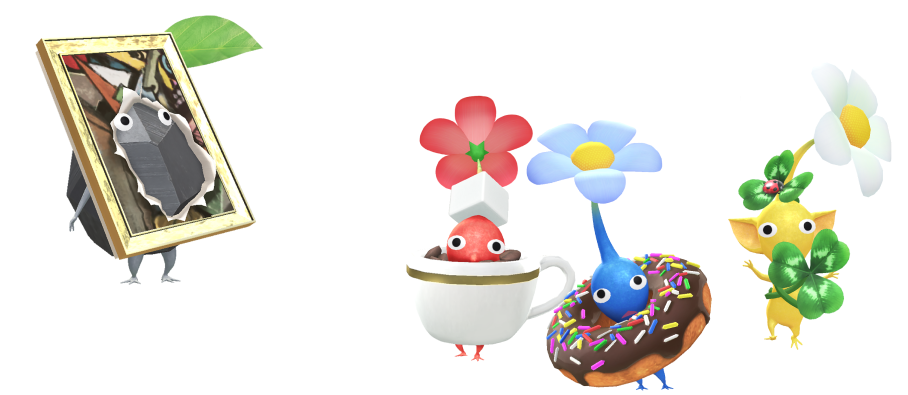さまざまなアイテムを身につけたPikmin Bloomのデコピクミン公式画像
