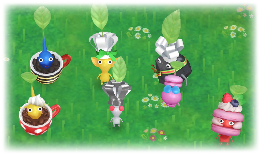 さまざまな衣装やアイテムを身につけたデコピクミンの公式ゲーム画像