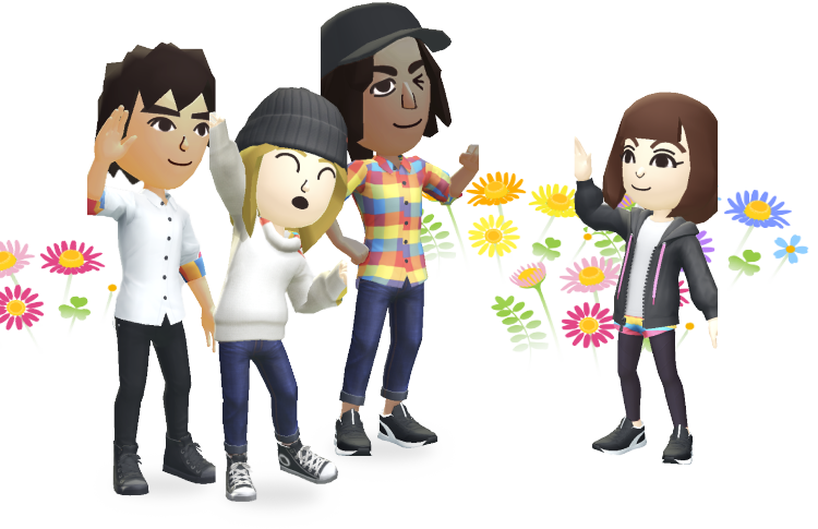 花に囲まれて交流するMiiたちを描いたPikmin Bloom公式ビジュアル