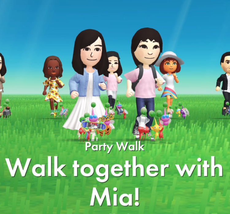 大勢のMiiとピクミンが一緒に歩くPikmin Bloomのパーティウォーク公式画像