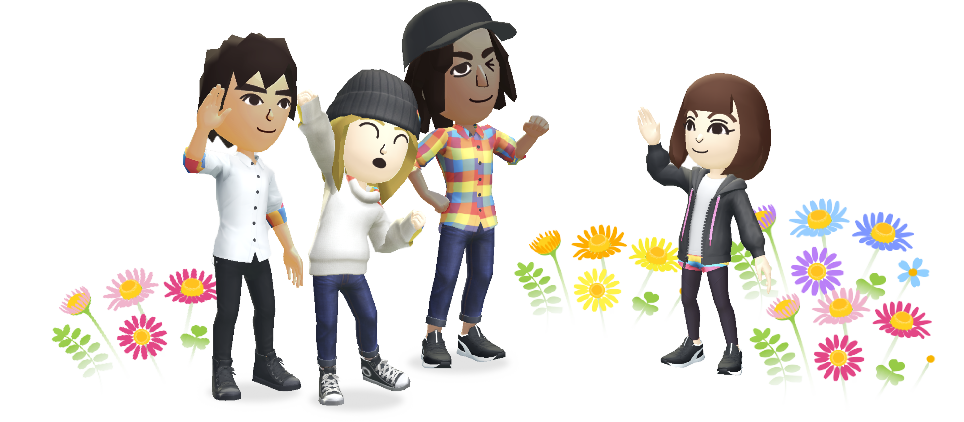 花に囲まれて交流するMiiたちを描いたPikmin Bloomの公式画像